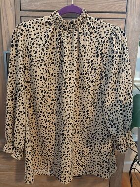 Tan and Black Dotted Blouse - High Neck Peasant Top